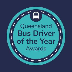 Queensland Bus Driver of the Year Awards logo - navy text on teal circle with bus on a navy white dashed ring road