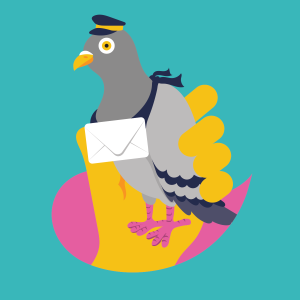 Vector featuring TransLink brand colours. Yellow hand holding grey and navy pidgeon with a white envelope, sitting in a pink TransLink brand device, all on teal background 