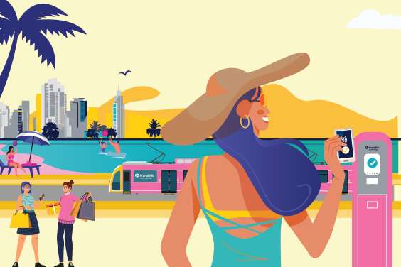 Graphic of lady using Smart Ticketing with beach, tram, people, palm tree, and city buildings.