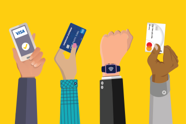 Hands holding up different payment methods: a mobile phone, a credit card, a smartwatch, and a debit card.