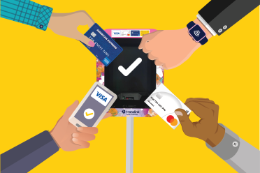Hands holding different payment methods (a mobile phone, a credit card, a smartwatch, and a debit card), tapping a validator. There is a large white tick on the validator screen.