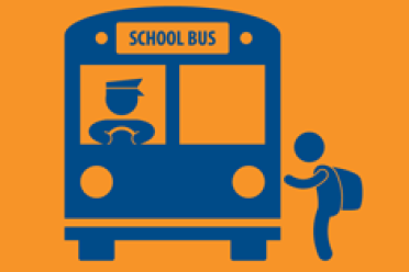 Illustration of front of bus in blue with 'School bus' label, driver and child boarding, on orange background