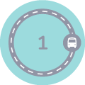 Number '1 for the first campaign phase 'Nominations '. Faded teal circle indicates this is the phase is complete, with navy dashed inner circle representing a ring road, a bus icon sits on the road at the 3 o'clock position.