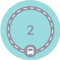 sNumber '2 for the second campaign phase 'Finalists selected'. Solid teal circle indicating thi is the current phase, with navy dashed inner circle representing a ring road, a bus icon sits on the road at the 6 o'clock position.