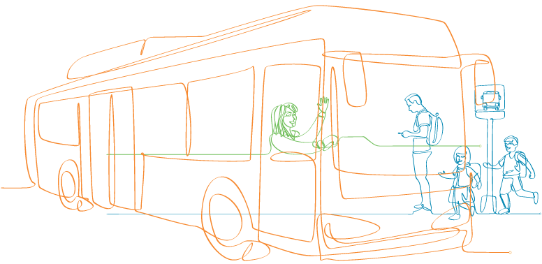 Outline sketch illustration of a bus in orange, bus driver in green, and customers boarding in blue