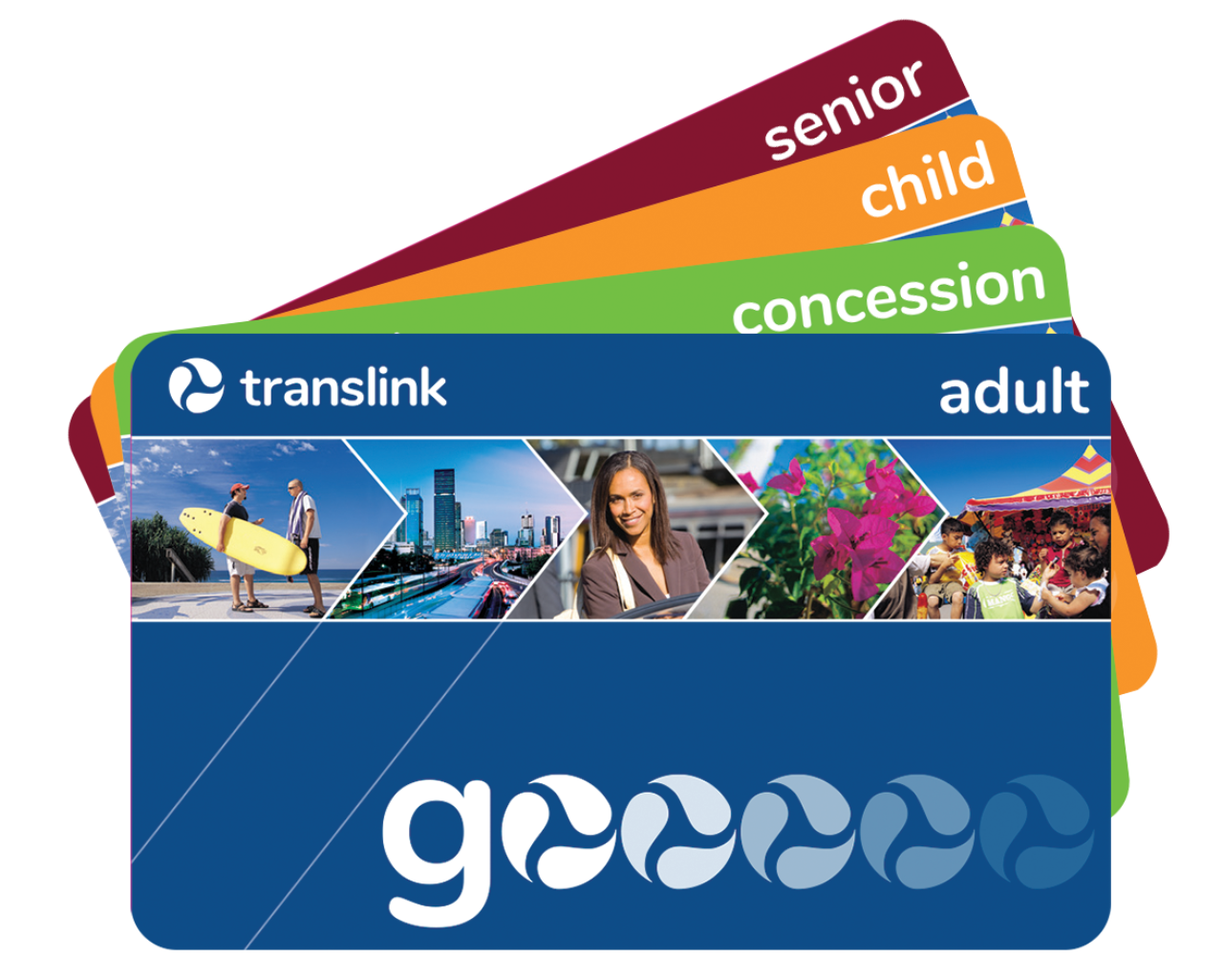 Fan showing four go cards - Blue adult go card at front, green concession, orange child, and maroon senior go card